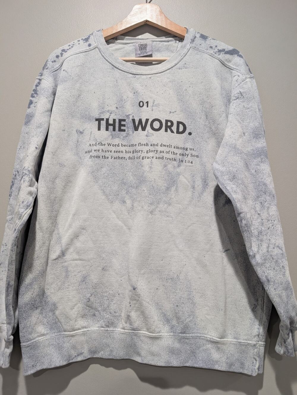 Christian Faith Sweatshirt Comfort Colors Gray Acid Wash Bible Verse John 1 14 M